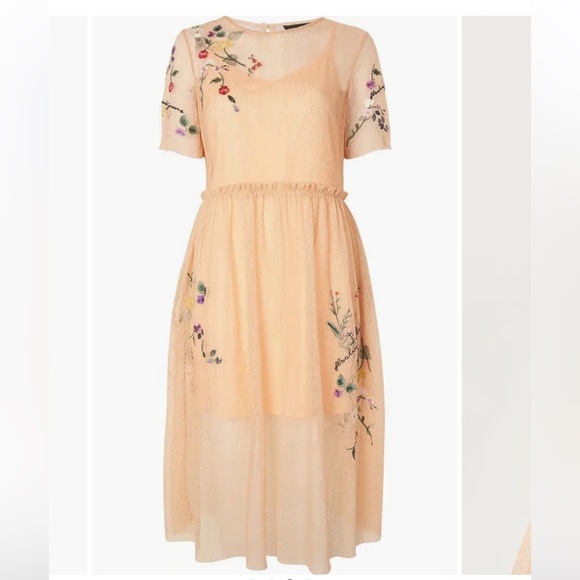 TOPSHOP Women’s Embroidered Mesh Floral Peach Short Sleeve Midi Dress Size 4 - Picture 1 of 17